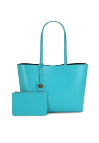 Turkusowa skórzana torba na ramię z dwoma uchwytami i odpinaną kieszonką. Gładka faktura, usztywniony kształt i akcenty w kolorze złota.