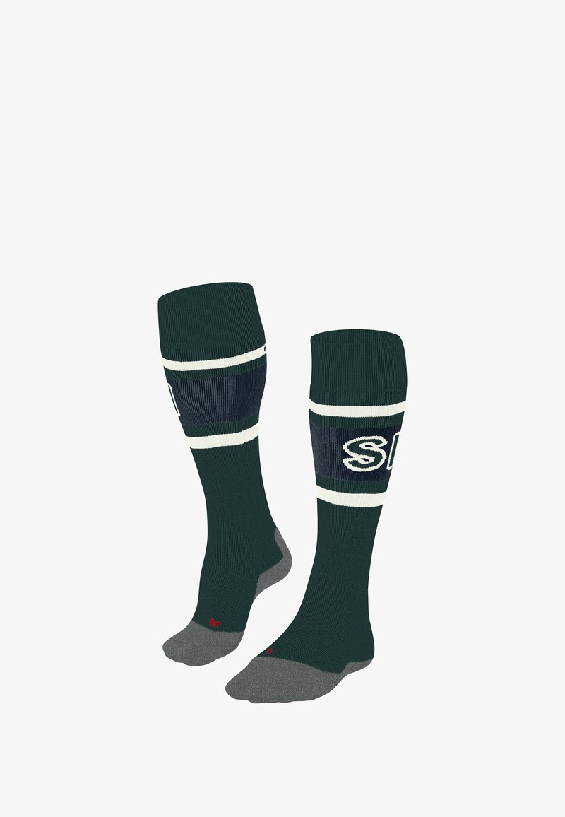 Groene kniekousen met witte en donkerblauwe strepen, versterkte grijze teen en hiel, met een witte logo aan de zijkant.