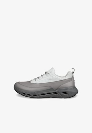 Nízkoprofilová športová obuv biela a sivá s štýlom na zaväzovanie na šnúrky, vystlanou podrážkou s odvetraným dizajnom a pútkom na päte.