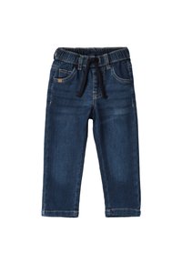 Pantaloni in denim blu scuro con vita elasticizzata, coulisse regolabile e due tasche frontali. Presenta un design a gamba dritta.