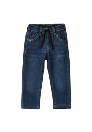 Pantalones de mezclilla azul oscuro con cinturilla elástica, cordón ajustable y dos bolsillos frontales. Presenta un diseño de pierna recta.