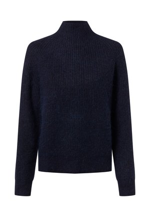 Ciemnoniebieski sweter z prążkowanej włóczki, z długimi rękawami i wysokim stójką.