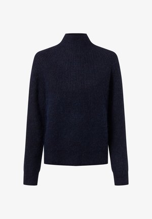 Dunkelnavyblaues, geripptes Strickpullover mit langen Ärmeln und hohem Stehkragen.