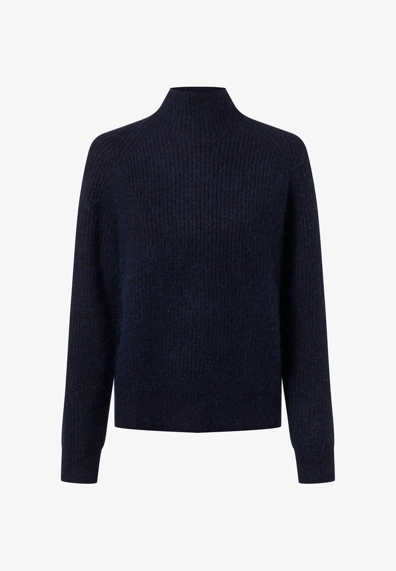 Pull en maille côtelée bleu marine foncé avec des manches longues et un col montant.