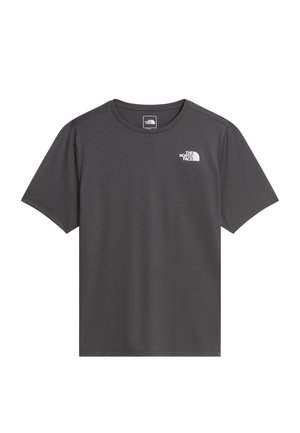 Donkergriijze korte mouwen T-shirt met ronde hals en een klein wit The North Face-logo op de linkerborst.