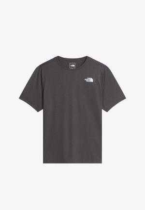 Camiseta de manga corta de cuello redondo en gris oscuro con un pequeño logo blanco de The North Face en el pecho izquierdo.