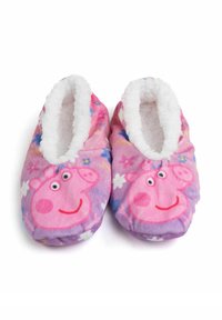 Pantofole rosa con morbido rivestimento soffice, presentano il volto di un maialino cartone e motivi floreali colorati. Design a punta arrotondata, senza accessori.