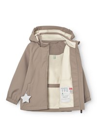 Παιδικό μπουφάν με κουκούλα σε χρώμα ταουπέ, με εσωτερική επένδυση από κρεμ φλις, μπροστινό φερμουάρ, ελαστικά μανίκια και γοητευτικό διακοσμητικό σε σχήμα αστεριού στην τσέπη.