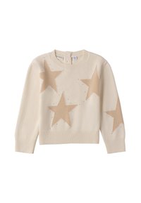 Pull crème avec de grands motifs d'étoiles beige, col rond et poignets côtelés. Fabriqué en tissu tricoté doux avec une finition texturée.