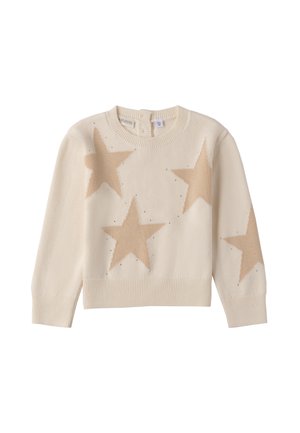 Maglione crema con grandi motivi a stella beige, scollo rotondo e polsini a coste. Realizzato in morbido tessuto lavorato a maglia con una finitura texturizzata.