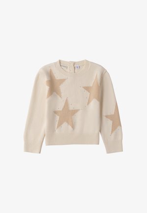 Maglione crema con grandi motivi a stella beige, scollo rotondo e polsini a coste. Realizzato in morbido tessuto lavorato a maglia con una finitura texturizzata.
