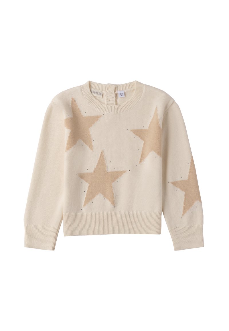 Pull crème avec de grands motifs d'étoiles beige, col rond et poignets côtelés. Fabriqué en tissu tricoté doux avec une finition texturée.