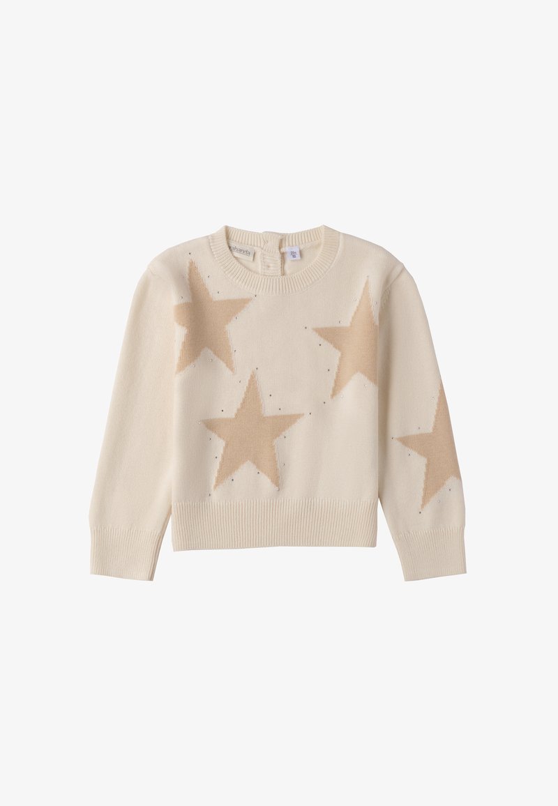 Cremefarbener Pullover mit großen beigen Sternmustern, rundem Ausschnitt und gerippten Bündchen. Hergestellt aus weichem Strickstoff mit strukturierter Oberfläche.