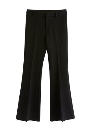 Pantaloni neri realizzati in tessuto liscio, con una vestibilità dritta, gambe larghe a zampa e una vita piatta con passanti per la cintura.