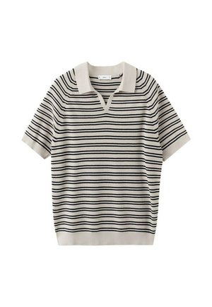 Beżowa koszulka polo z krótkim rękawem, czarnymi poziomymi paskami i kołnierzykiem w serek, rozłożona na płasko na białym tle.