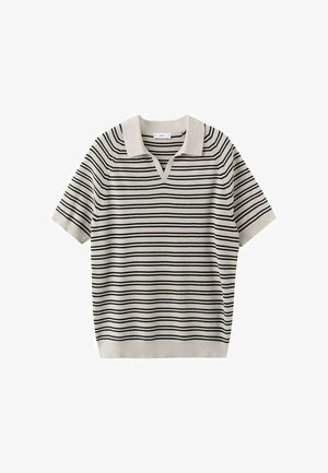 Beżowa koszulka polo z krótkim rękawem, czarnymi poziomymi paskami i kołnierzykiem w serek, rozłożona na płasko na białym tle.