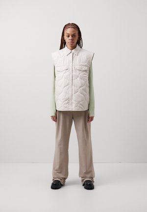 Άτομο που στέκεται φορώντας ένα αμάνικο επενδεδυμένο γκριζωπό γιλέκο, ανοιχτό πράσινο μακρυμάνικο μπλουζάκι, μπεζ φαρδιά παντελόνια και μαύρες ογκώδεις παπούτσια.