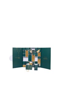 Sieraden adventskalender; donkergroene doos met gouden accenten, met meerdere kleine lades genummerd van 1-24; versierd met bladmotieven.