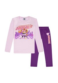 Lange mouwen roze top met een karakterafbeelding, gecombineerd met paarse leggings met een logo. Katoenen materiaal, casual pasvorm.