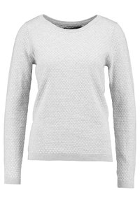 Pull en laine gris clair à manches longues avec un motif hexagonal texturé. Il possède un col rond et des poignets et un ourlet côtelés. Finition en tissu doux.