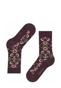 Dunkelburgunderfarbene Socken mit floralen Mustern in Cremetönen, Rosa und Grün. Rippstruktur mit verstärkter Zehen- und Ferse. Markenname angegeben.