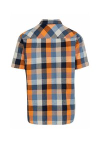 Korte mouw geruite blouse in blauw, oranje en marineblauw. Kenmerkt zich door ruitpatronen, een button-down kraag en een rechte snit. Ademende stof.