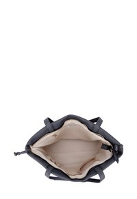 Gray tote bag with dual handles, zip closure, and beige fabric lining. Interior features multiple pockets for organized storage.