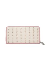 Portafoglio zip-around in pelle crema con accenti rosa. Decorato con anelli testurizzati disposti in un motivo a griglia. Caratterizzato da un tirazip in argento.