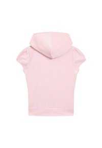 Korte mouwen roze hoodie van zachte, gestructureerde stof met een losse pasvorm en een kleine capuchon. Heeft een eenvoudige, strakke zoom zonder extra details.
