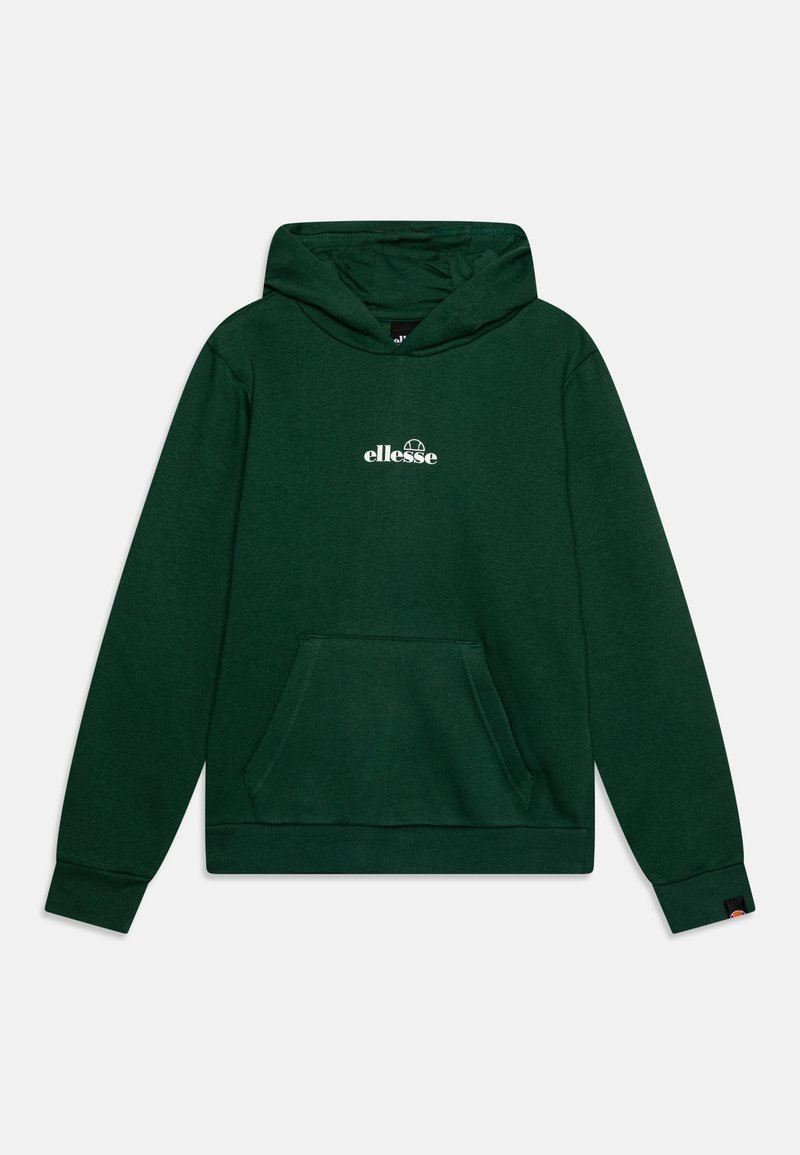 Green hooded sweatshirt made of soft material, featuring a front pocket and white "ellesse" logo. Ribbed cuffs and hem enhance fit.