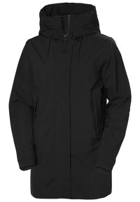 Czarna kurtka przeciwdeszczowa z wysokim kołnierzem, regulowanym kapturem, bocznymi kieszeniami i zamkiem błyskawicznym z przodu. Wykonana z materiału wodoodpornego.