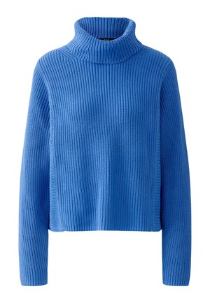 Blauer gerippter Rollkragenpullover mit langen Ärmeln und strukturiertem Strick. Das Design zeichnet sich durch einen entspannten Schnitt und einen hohen Kragen aus.