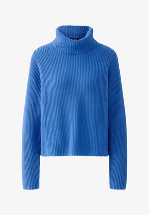 Pull en maille côtelée bleu avec col roulé, à manches longues et tricot texturé. Le design présente une coupe décontractée et un col haut.