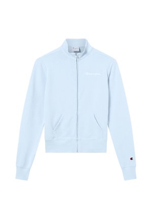 Lichtblauwe sweatvest met rits, gemaakt van zachte stof. Heeft een opstaande kraag, twee voorzakken en een klein logo op de linkerborst.