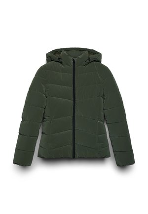 Giubbotto imbottito trapuntato verde scuro con cappuccio, zip frontale nera e texture imbottita, presentato su uno sfondo bianco.