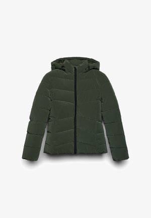 Giubbotto imbottito trapuntato verde scuro con cappuccio, zip frontale nera e texture imbottita, presentato su uno sfondo bianco.