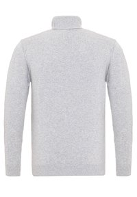 Grauer Strickpullover mit hohem Kragen, langen Ärmeln und gerippten Bündchen und Saum. Der Stoff wirkt glatt mit subtiler Textur.
