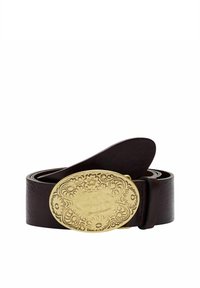 Dunkelbrauner Leder-Gürtel mit einer großen ovalen goldenen Schnalle, die mit floralen und spiralförmigen Mustern graviert ist, aufgewickelt mit der Schnalle nach vorne.