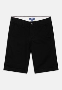 Shorts noirs longueur genou avec passants de ceinture, bouton à l'avant et poches, étiquetés Jack & Jones taille 128.