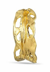 Gold-tone abstract ring featuring an uneven, textured surface with cut-out shapes, creating a dynamic design. Smooth, reflective finish.