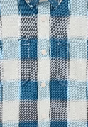 Blau-weißer karierter Hemd mit Button-Down-Kragen, zwei Brusttaschen, weißen Knöpfen und strukturierter Baumwolle mit auffälligem Karomuster.