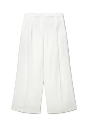 Pantaloni bianchi a gamba larga con pieghe frontali, passanti per cintura e chiusura frontale nascosta, esposti su uno sfondo bianco semplice.