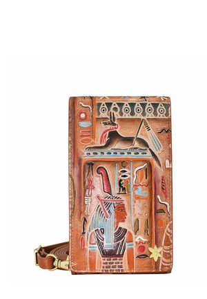 Brown leather wallet featuring embossed Egyptian motifs and colorful detailing. Includes a detachable strap and notable textured surface.
