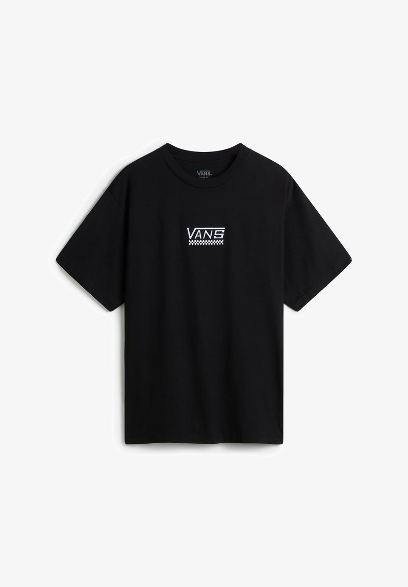 Černé tričko s krátkým rukávem vyrobené z bavlny, s bílým logem Vans a kostkovaným vzorem na přední straně, kulatým výstřihem a volným střihem.