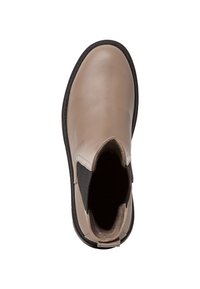 Botte de cheville en cuir tanné avec des panneaux élastiques sur les côtés et un bout arrondi. Semelle en caoutchouc noir et dos pour l'adhérence. Intérieur doublé pour le confort.