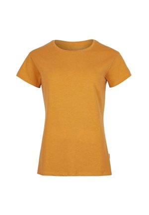 Short-sleeve, round-neck t-shirt in bright yellow cotton. Soft texture, casual fit, with stitching details and a small label on the side.