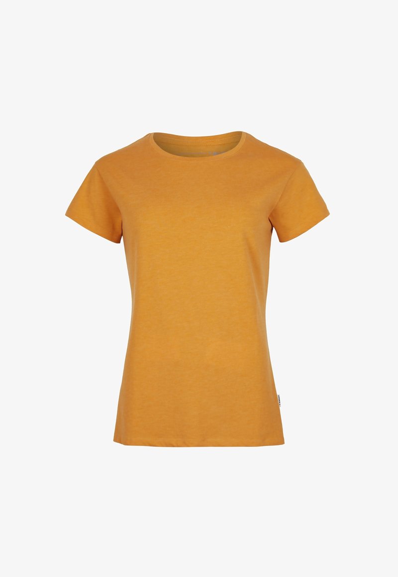 Tričko s krátkým rukávem a kulatým výstřihem v jasně žluté barvě vyrobené z bavlny. Měkká textura, volný střih, s detaily šití a malou nášivkou na boku.