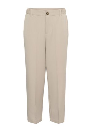 Beige taps toelopende broek met een gladde textuur, voorzien van een knoopsluiting, riemlussen en twee verticale zijzakken.