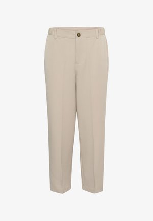 Bēšas krāsas pieguļošas bikses ar gludu faktūru, ar pogas aizdari, jostas cilpām un divām vertikālām sānu kabatām.