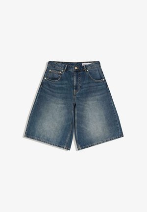 Modré široké rifľové šortky s prednými vreckami, pútkami na opasok, zapínaním na gombík a zips, so slabými vyblednutými detailmi.